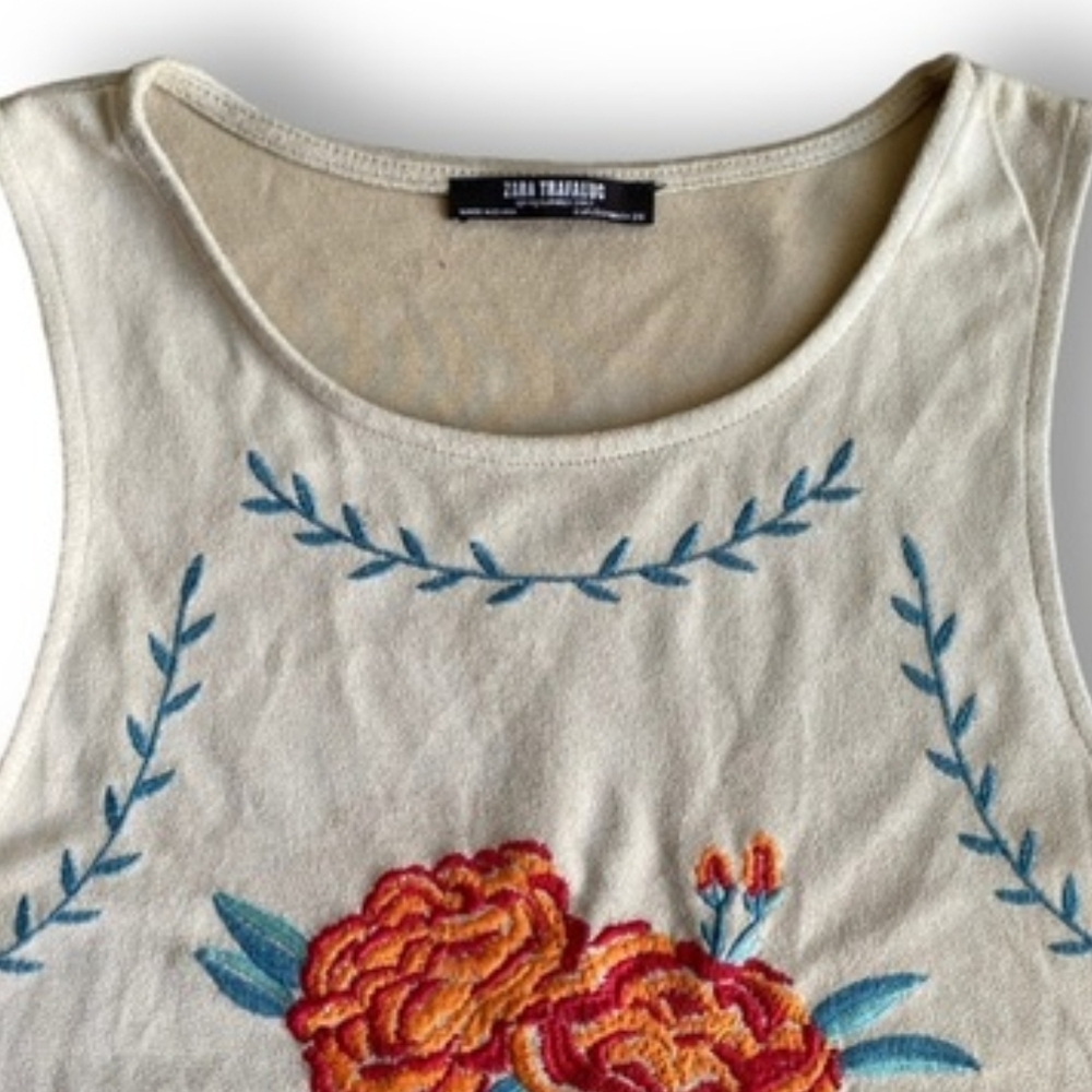 Zara Cream Cropped Tank with Orange Embroidered Floral - Picture 3 of 4
